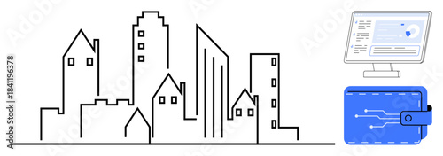 Smart city solutions, digital finance, financial technology, urban innovation, data analysis, connectivity. City skyline, wallet with circuit design monitor displaying analytics. Smart city