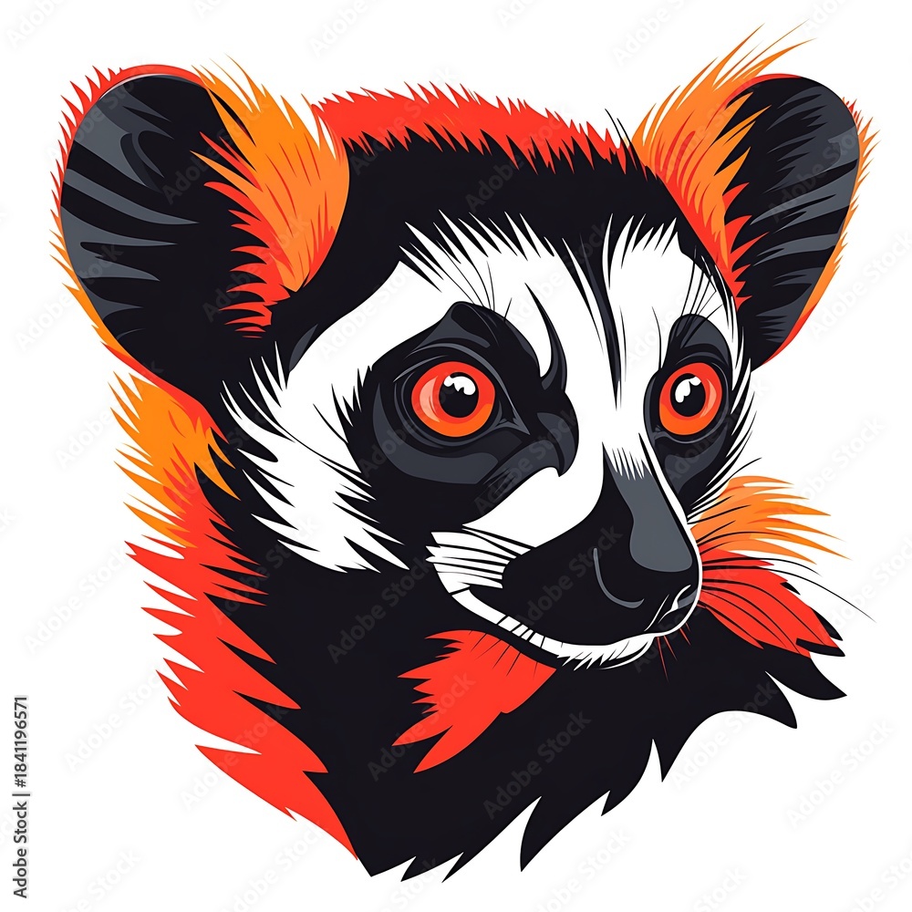 Naklejka premium Graphic illustration of a lemur head with bold orange and photo black accents primate animal