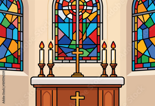 A vibrant cartoon illustration depicts a church altar with stained glass windows and lit candles