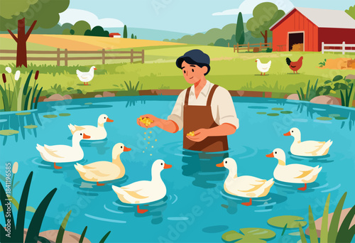 A farmer feeds ducks in a pond, idyllic rural setting with a red barn, chickens, trees and lush landscape