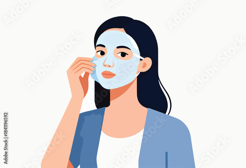 Illustration of a woman applying a face mask, with dark hair, a light blue top, on a white background