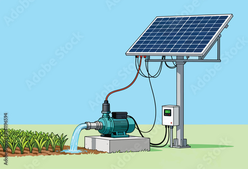 Illustration depicts a solar panel powering a water pump, irrigating a small crop field