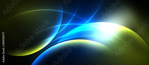 Abstract flowing lines, vibrant blues, yellows create dynamic energy. Bright light source adds dramatic effect. Minimalist design.