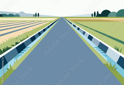 A stylized vector illustration of a road receding into the distance, with fields and trees on either side