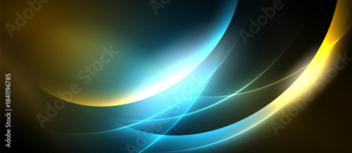 Abstract design features flowing curves, vibrant colors. Blue, gold hues dominate dark background. Smooth gradients create dynamic visual effect.