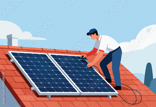A solar panel installer works on a red tile roof with panels. Blue sky and clouds in the background
