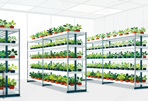 A bright, minimalistic illustration depicts a plant nursery, with rows of metal shelves displaying potted plants