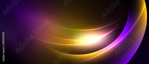 Abstract vibrant waves, purple, gold, white light. Smooth gradients create dynamic visual effect. Modern design element.