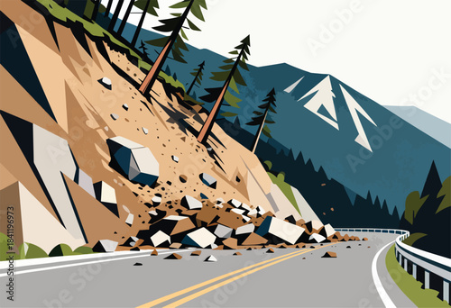 A road is blocked by a landslide of rocks from a hillside. Mountains and trees in the background
