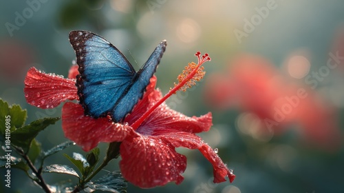 Vibrant Blue Butterfly Resting on Red Hibiscus Flower with Dew Drops in Soft Morning Light, Nature's Beauty and Tranquility Captured in Detail