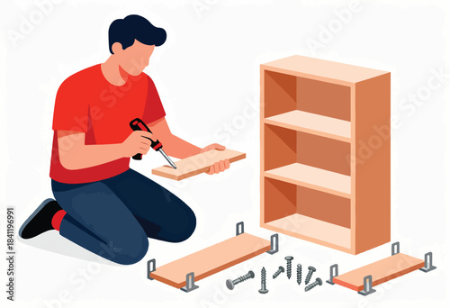 An illustration depicting a person assembling a wooden bookcase with tools and materials on a white background