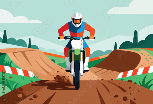A biker in vibrant colors races his motorcycle down a muddy track, kicking up dirt, and heading into the distance