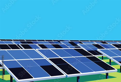 Illustration of solar panels, arranged in rows, capturing sunlight, set against a bright blue sky