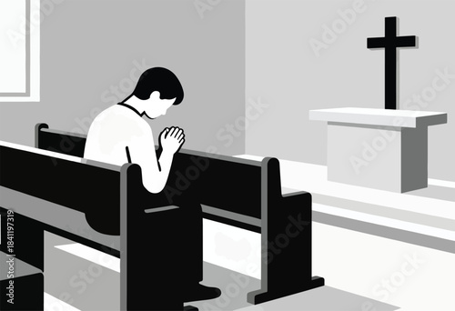 A person kneels in prayer at a church, hands clasped, facing away from the viewer. A cross is visible