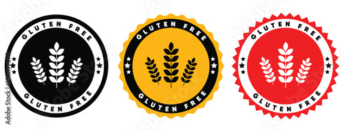 Gluten Free Certified Badges Set - Vector Round Labels with Wheat Icon in Black, Yellow, and Red for Healthy Food Packaging and Dietary Labeling