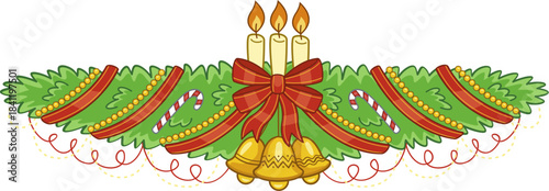 Christmas garland with lit candles, festive red bow, and golden bells decoration