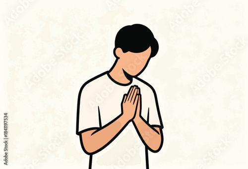 Simple illustration depicts a person with hands together in a prayer-like gesture, head bowed