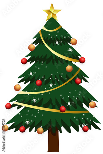 Festive green christmas tree with ornaments and bows