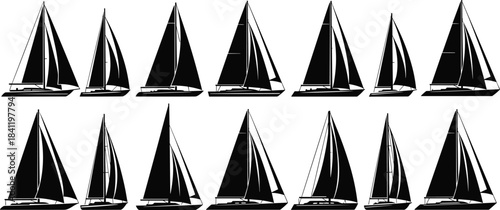 Sailboat silhouette illustration set, nautical vessel profiles, sail and hull variations, black and white vector artwork, white background