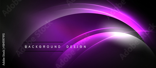 Abstract purple lines create dynamic curves. Dark background emphasizes glowing light effects, modern design element.