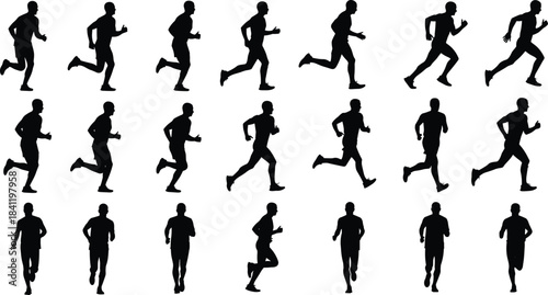 vRunning silhouette illustration set, athletic motion sequence, dynamic poses, black vector artwork, sports movement, white background