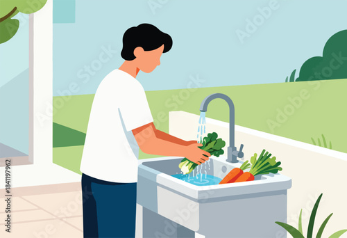 A person washes vegetables at an outdoor sink. Carrots and leafy greens are nearby. A green lawn and trees in the background