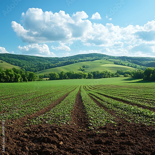 Green Rolling Hills With Rows Of Young Plants Under Blue Sky agriculture farm photo