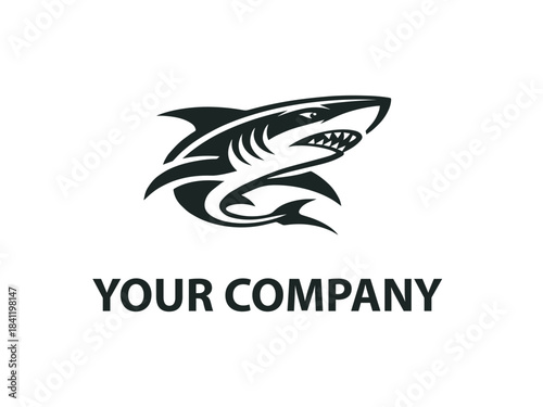 Shark silhouette presented as a bold black vector emblem design. Aquatic predator concept