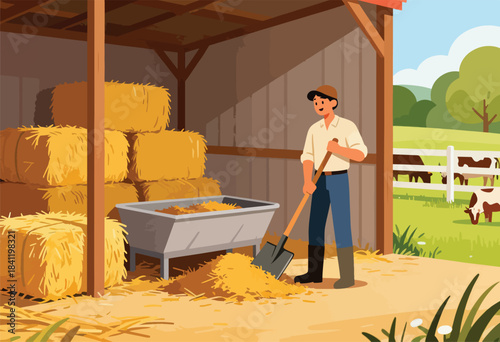 An illustrated farmer shovels hay in a barn with hay bales. Cows graze in a pasture outside