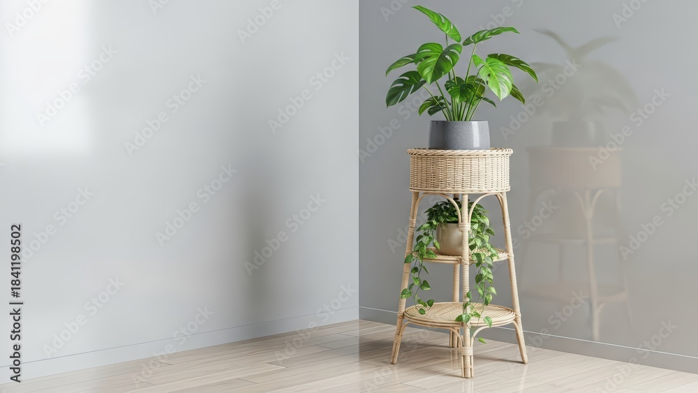Fototapeta premium Stylish plant stand with lush greenery in minimalist interior design