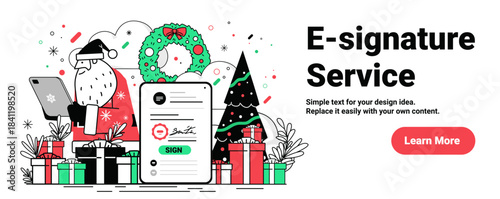 Santa Christmas e-signature service digital document festive scene with Santa using tablet surrounded by gifts wreath Christmas tree modern website banner