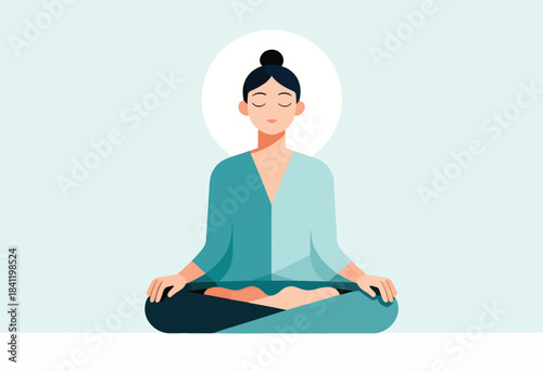 A flat illustration of a person meditating in the lotus position, with a halo and a pastel blue-green color scheme