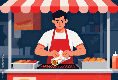 A food vendor packages a wrap at a street food stall, offering various items. The stall has a red and white awning