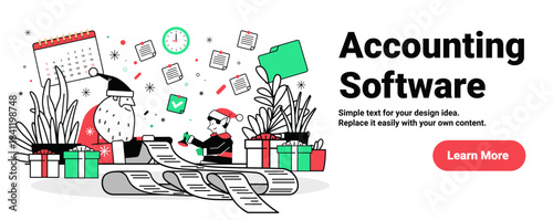 Santa accounting software Christmas office scene with elf paperwork gifts calendar plants abstract decorations modern website banner