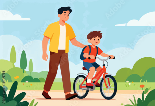 A father assists his son learning to ride a red bicycle on a path through a park. The boy wears a backpack and smiles