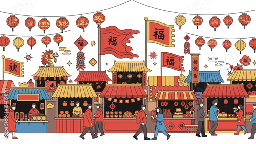 Festive Chinese New Year Market Illustration with Lanterns and Decorations