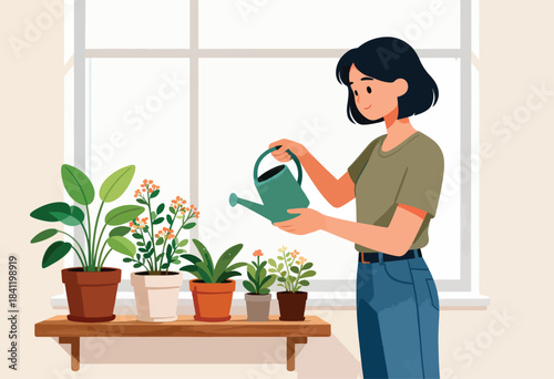 A person waters potted plants on a shelf by a window, warm tones and simple illustration style