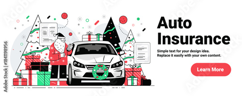Santa auto insurance Christmas car presents festive trees holiday documents celebration red green white website banner