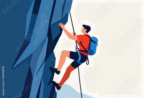 Vector illustration depicts a climber ascending a blue, geometric cliff face using rope and safety gear