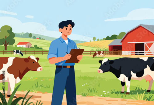 A farmer surveys cows in a pastoral setting. A red barn and rolling hills are in the background, under blue skies