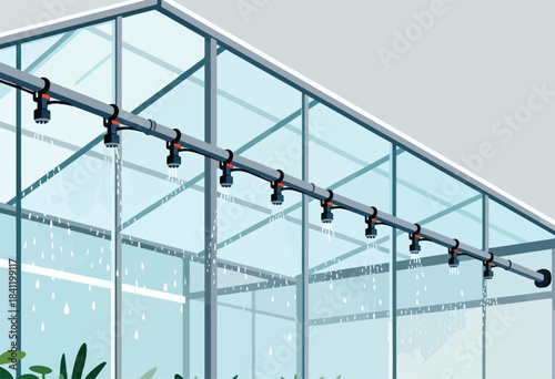 A greenhouse interior illustration, showing a watering system with droplets, light, and plants