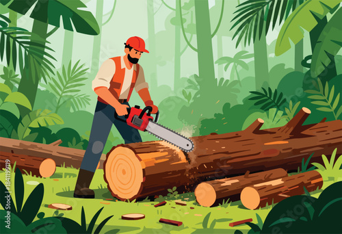 A lumberjack cuts through a log in a lush green forest with a chainsaw. Logs and foliage surround