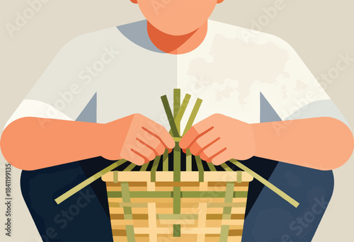 An individual, depicted from the torso down, weaves a basket using green reeds in a stylized, flat design