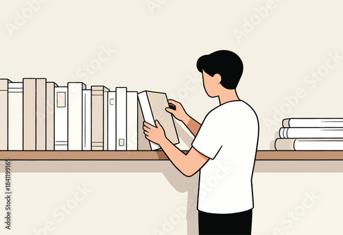 Illustration of a person selecting a book from a shelf, with others piled to the side, minimalistic style