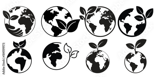 Environmental conservation concept with world globes and green leaf illustrations on white background