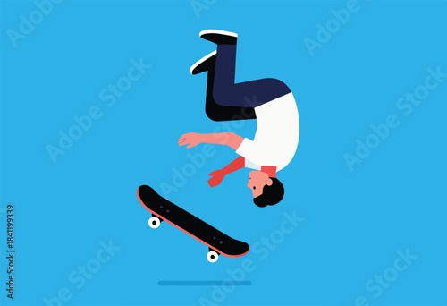A skater doing a mid-air flip with his skateboard against a bright blue backdrop. Abstract depiction