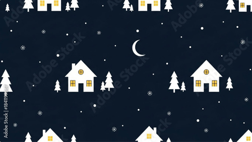 Seamless Winter Christmas Pattern – Cozy Night Sky Village Vector Tile