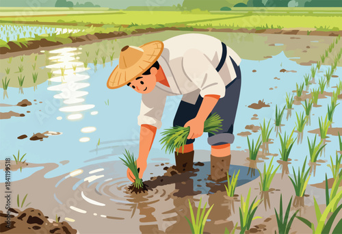 An illustration shows a farmer in a paddy field planting rice seedlings, with landscape in background