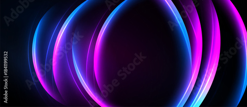 Abstract neon layers create vibrant circular patterns. Dark background emphasizes glowing shapes, offering futuristic feel.
