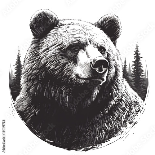 Grizzly bear head illustration with pine trees in photo background brown bear animal